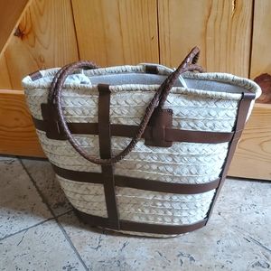 Leather-Trimmed Drawstring Natural Seagrass Straw Basket Tote